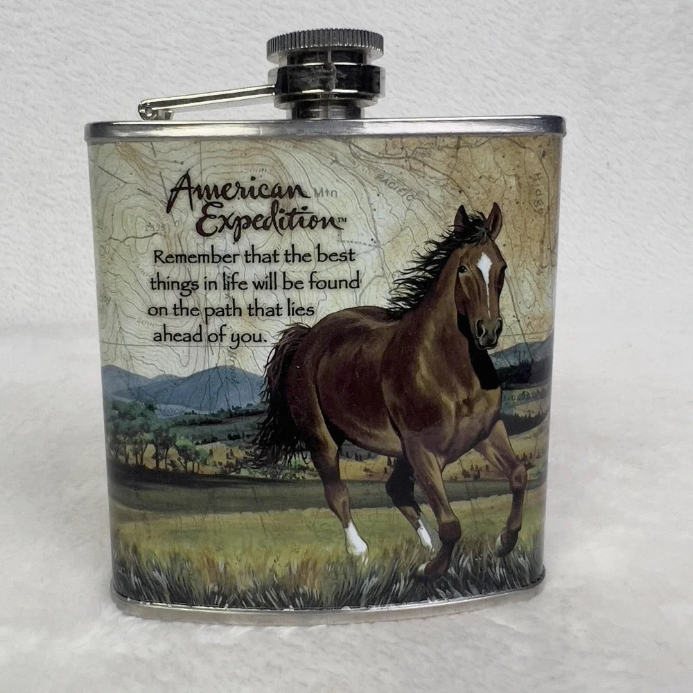 American Expedition Mustang Horse Stainless Steel Hip Flask 6oz Country Quote
